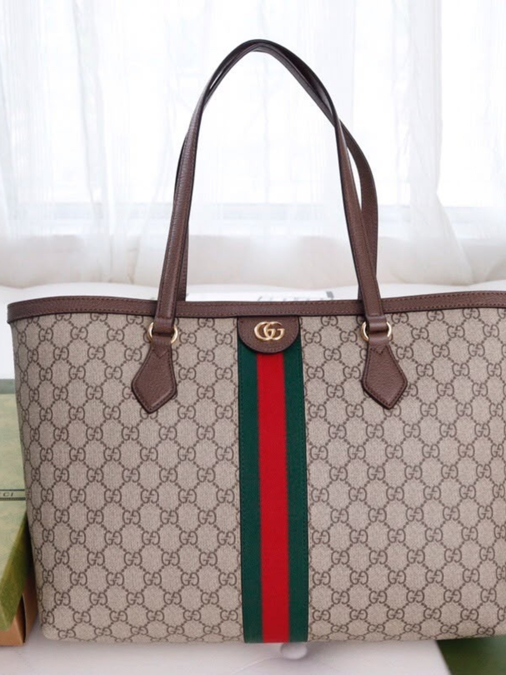 Gucci Beige GG Supreme Canvas Tote with Brown Trim and Red/Green Web